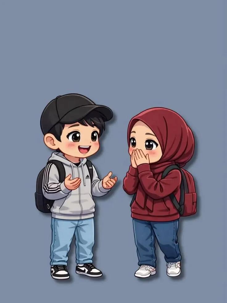 Adorable minimalist chibi Muslim couple, cute kawaii anime illustration… 1