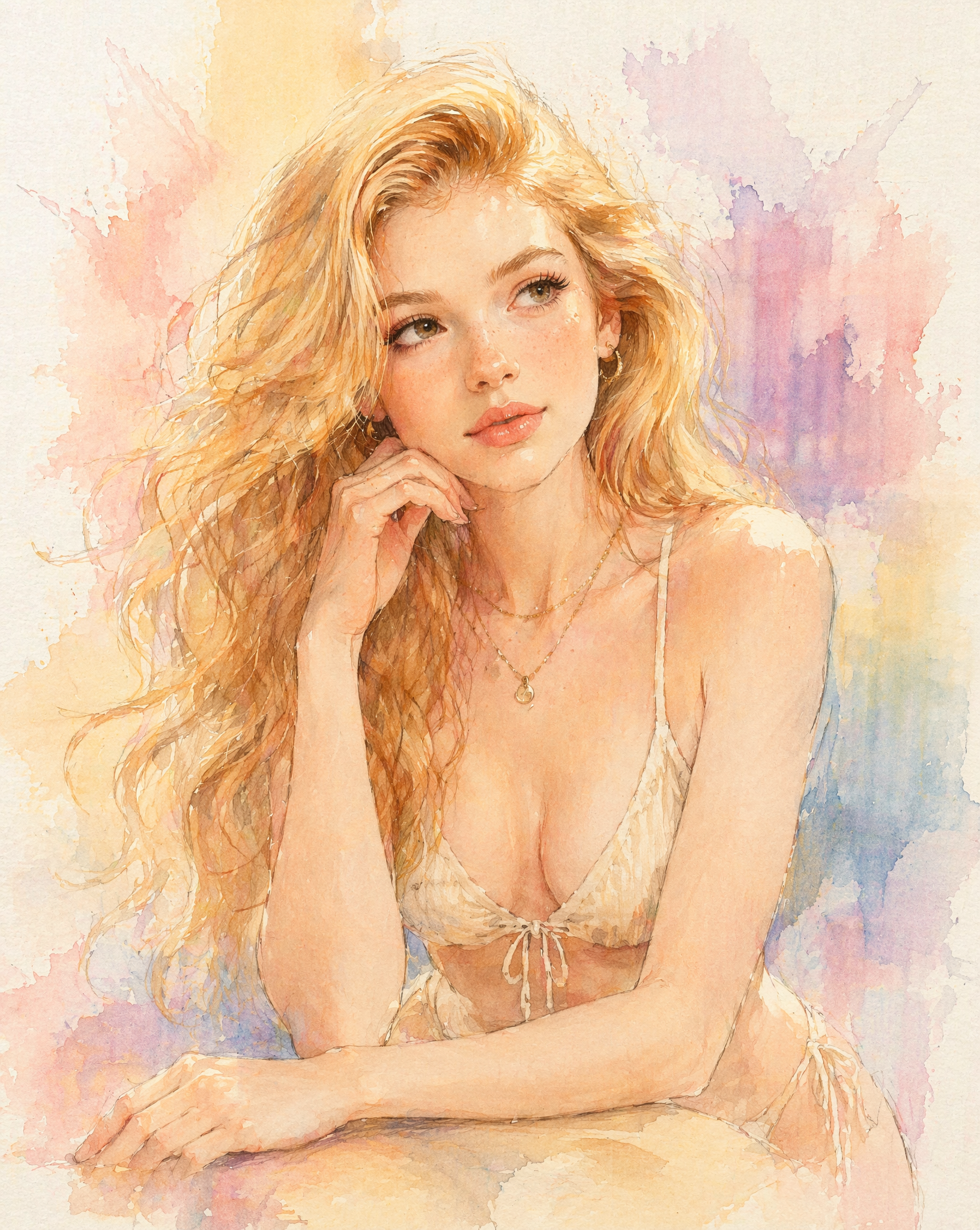 A soft pastel watercolor digital illustration of a young woman with lon…