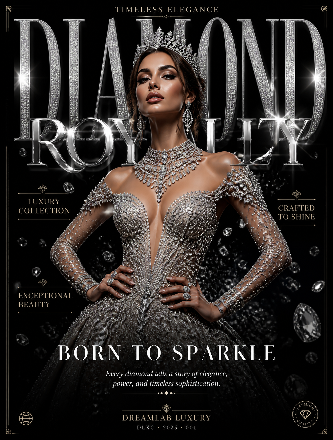 Ultra-luxury fashion editorial poster on a clean black background with …