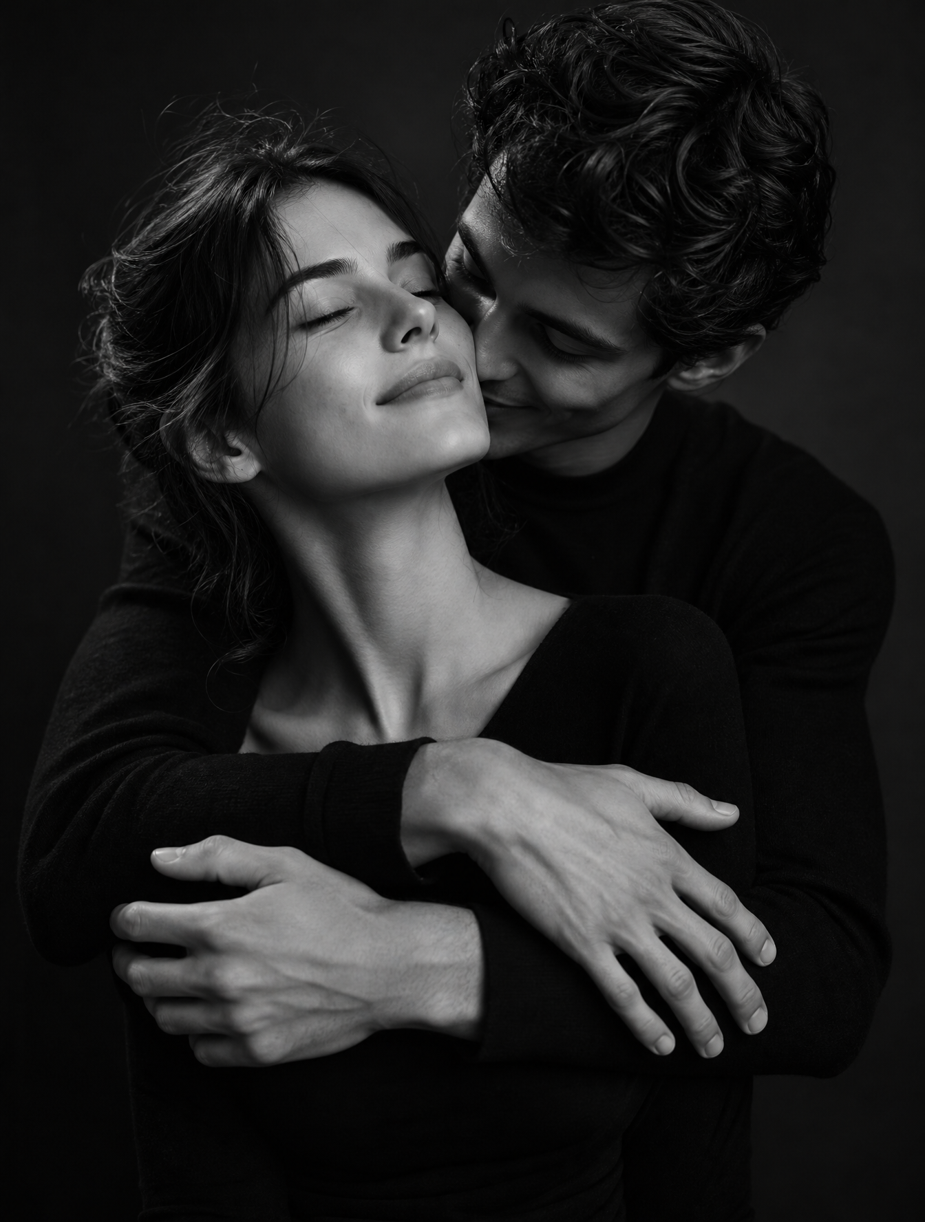 Create a black-and-white studio portrait of a couple in an intimate pos…