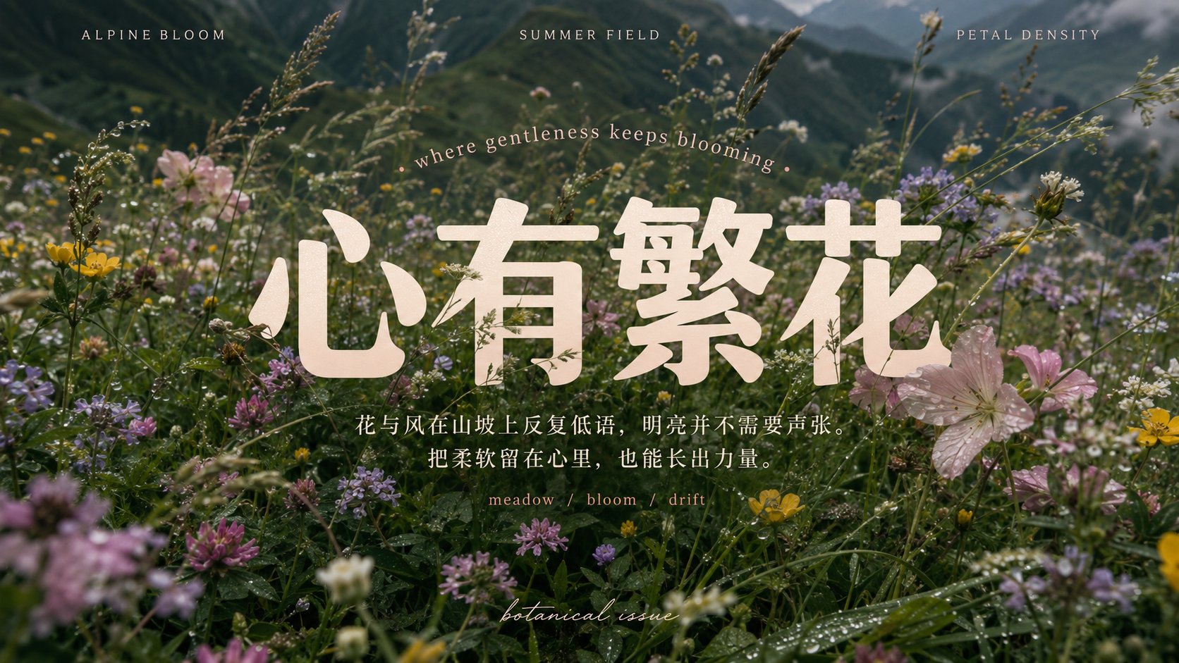 围绕任意主题对象生成一张具有密集自然肌理与文字融合机制的视觉作品：主题自身的材质、环境或文化符号铺满整个画面，形成近距离、层层交叠、细节丰富的… 2