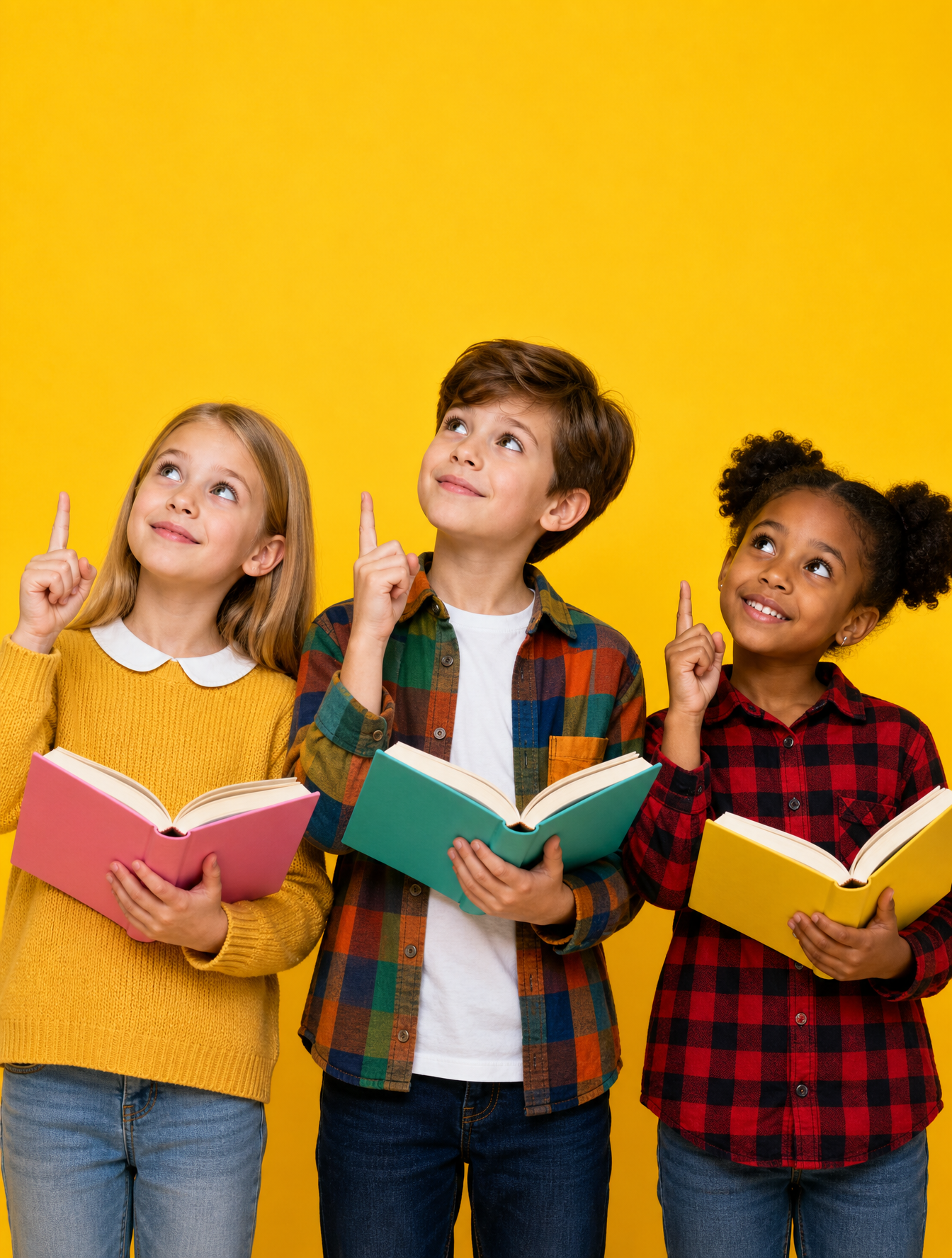 Three young children, a Caucasian girl on the left and a Caucasian boy …