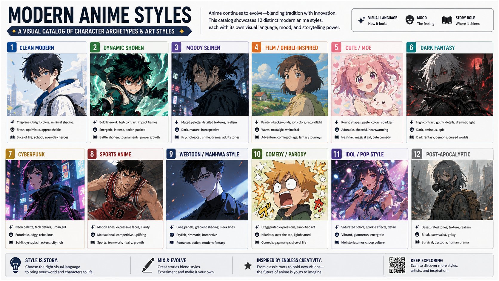 Create an English infographic catalog poster showing 1990s anime charac… 2