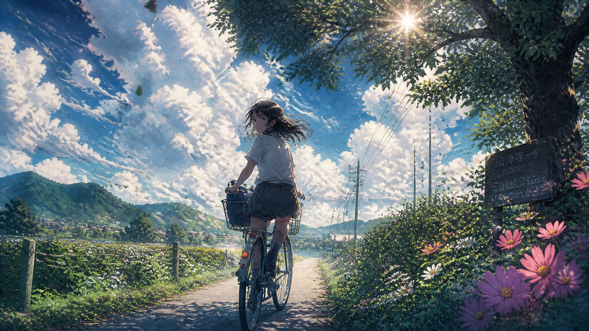 A teenage girl riding an old bicycle along a narrow countryside road su…