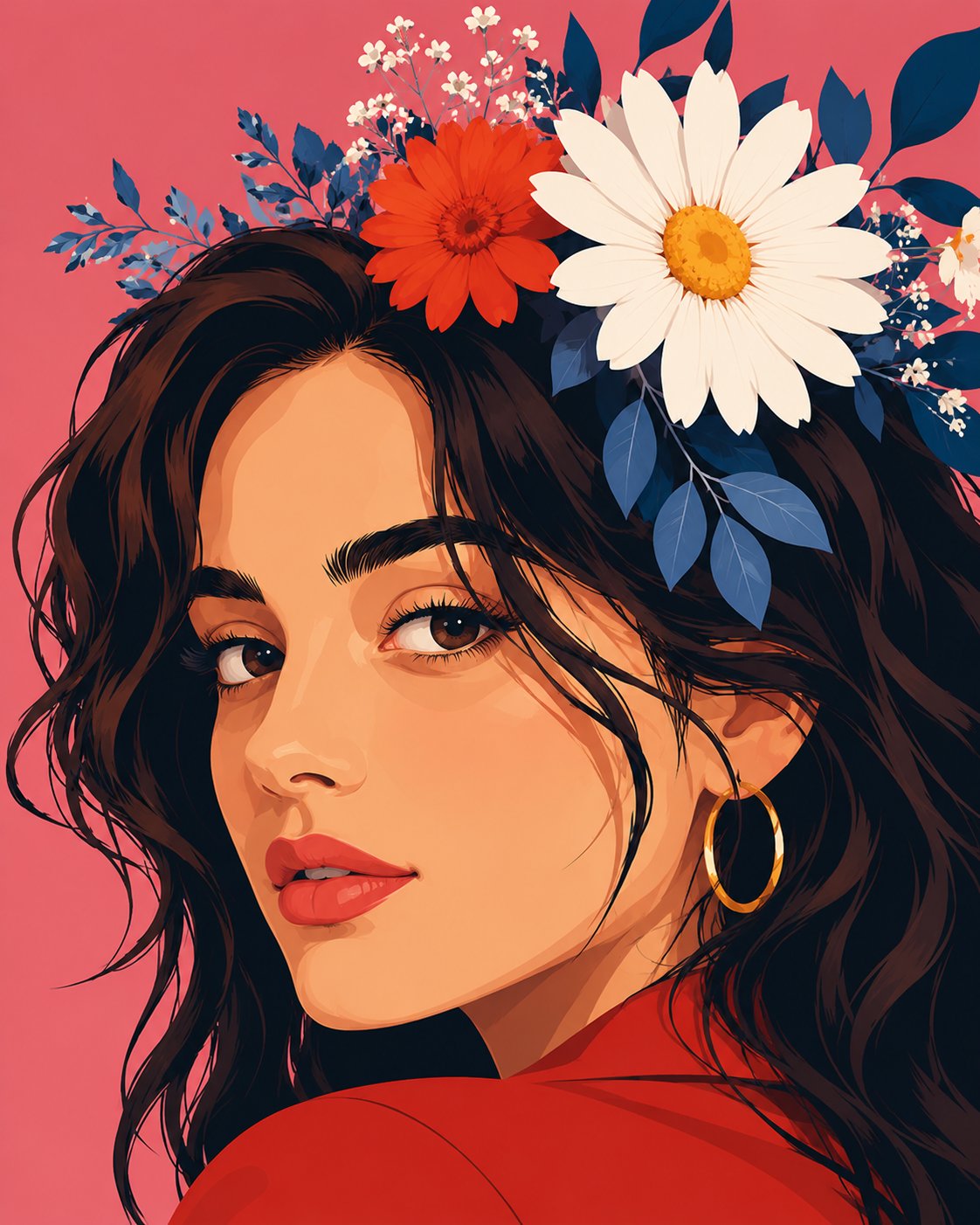 Wide flat vector illustration poster, woman with floral crown glancing … 2