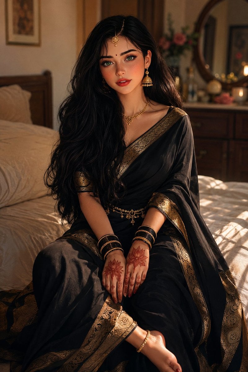 Ultra-realistic beautiful young Indian woman taking in a cozy aesthetic…
