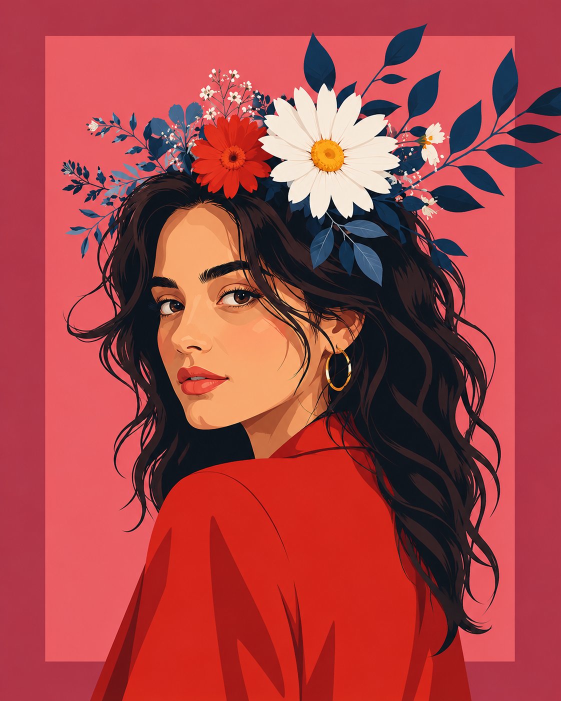 Wide flat vector illustration poster, woman with floral crown glancing …