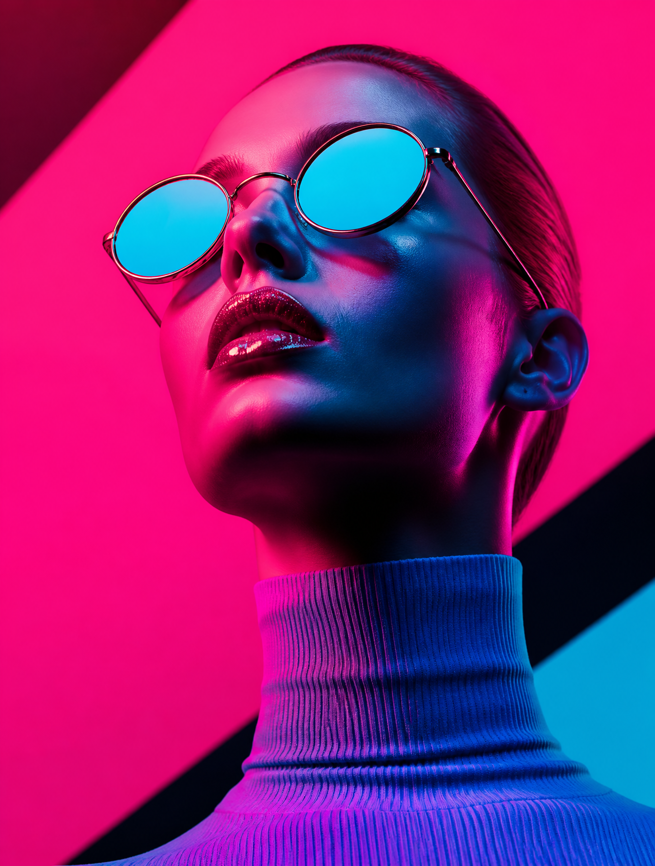 A high-fashion portrait features a woman with slicked-back hair looking…
