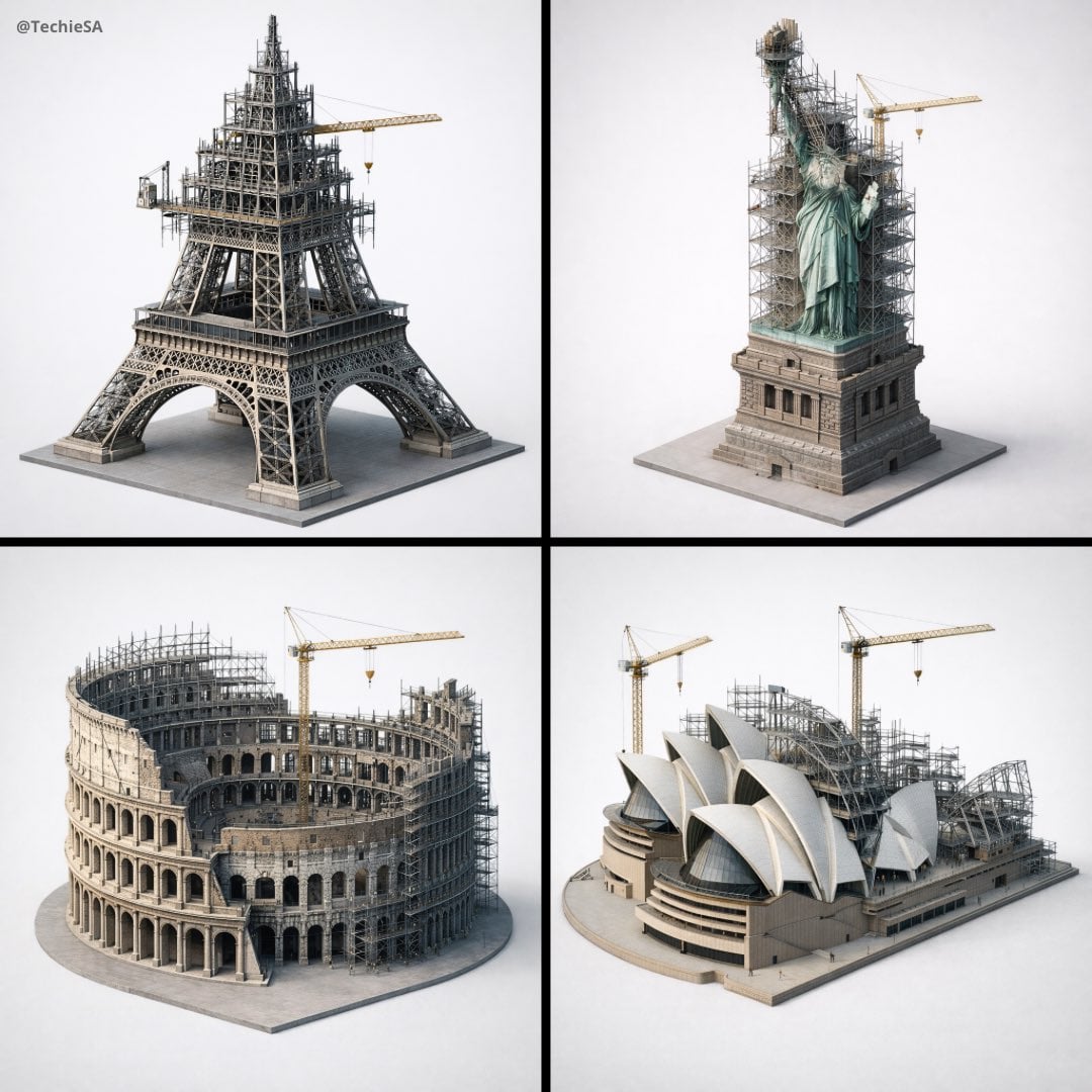 Depict [LANDMARK] frozen in an eternal state of construction. Camera & …