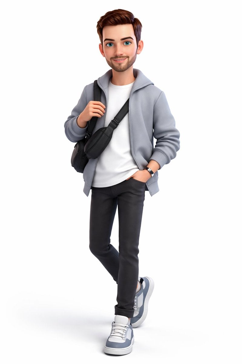 A full-body 3D stylized cartoon boy, Pixar/Disney-inspired character de…