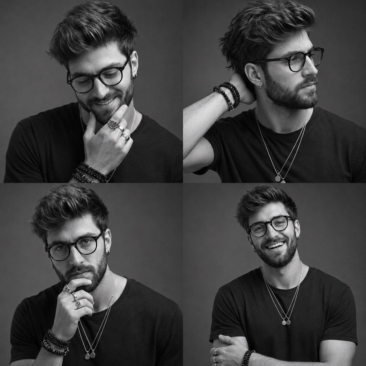 Ultra-realistic black-and-white studio portrait contact sheet of the sa…