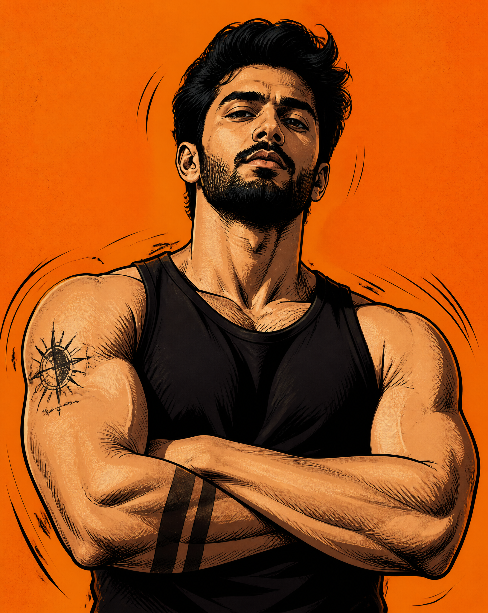 Create a high-contrast digital comic-style illustration of [PERSON] bas…