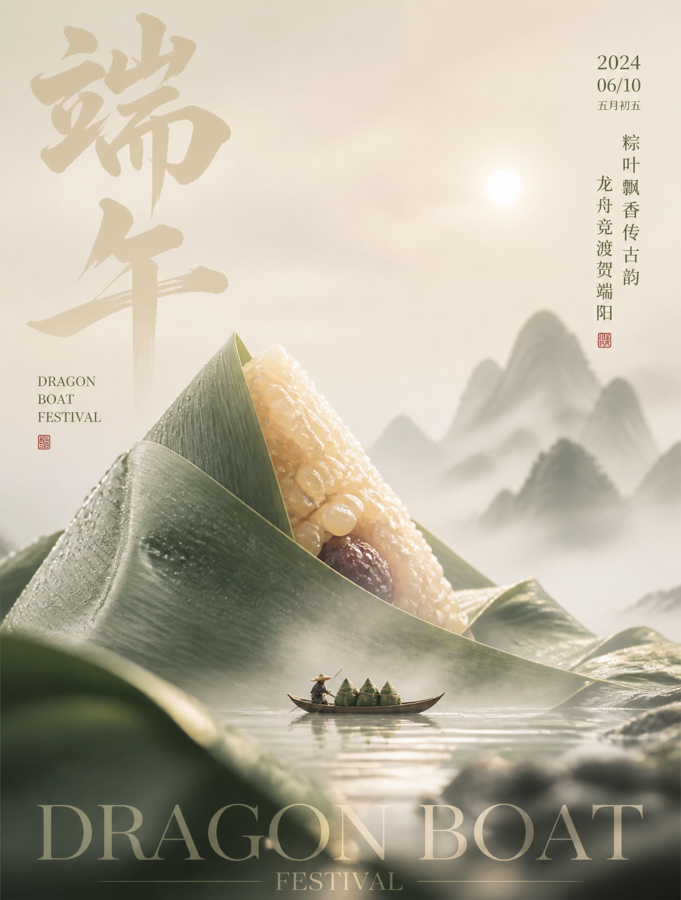 竖版高端{节日/节气}品牌海报，3:4比例，东方极简美学与超现实商业摄影结合。 整体色调为{主色1}、{主色2}、{辅助色1}、{深色点缀}与…
