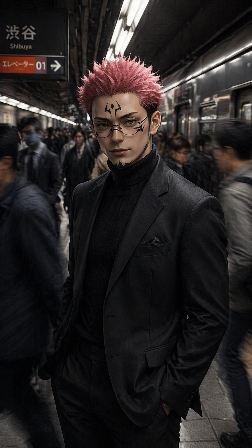 Cinematic portrait of a stylish man standing on a busy subway platform,…