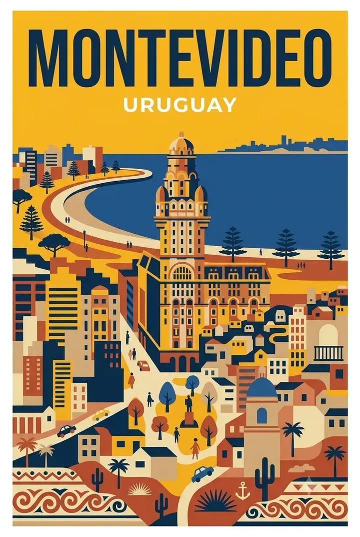 Create a clean, modern mid-century vintage travel poster for Montevideo…