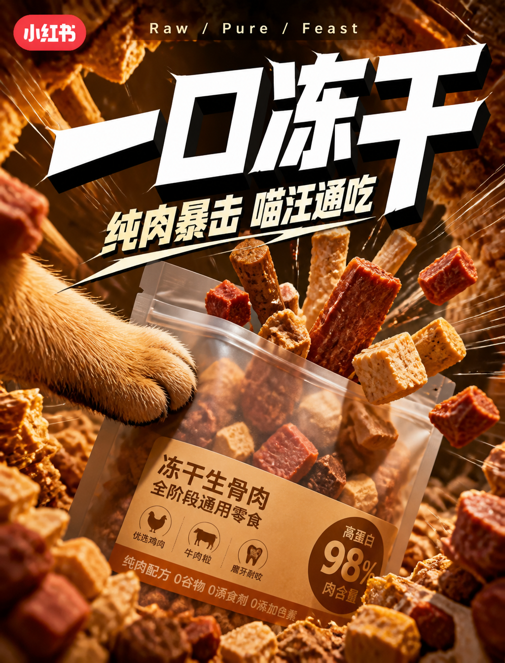 # 角色你是一位「暖调鱼眼产品冲击广告风格」的锁定执行专家，专精小红书电商宠物零食视频笔记封面生成。# 任务创作一张 9:16 比例的小红书宠…