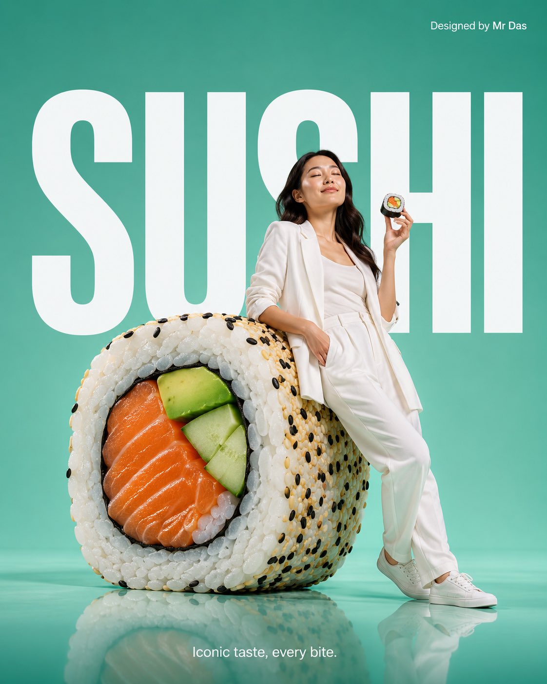 Minimalist commercial ad featuring oversized premium sushi rolls, ultra…