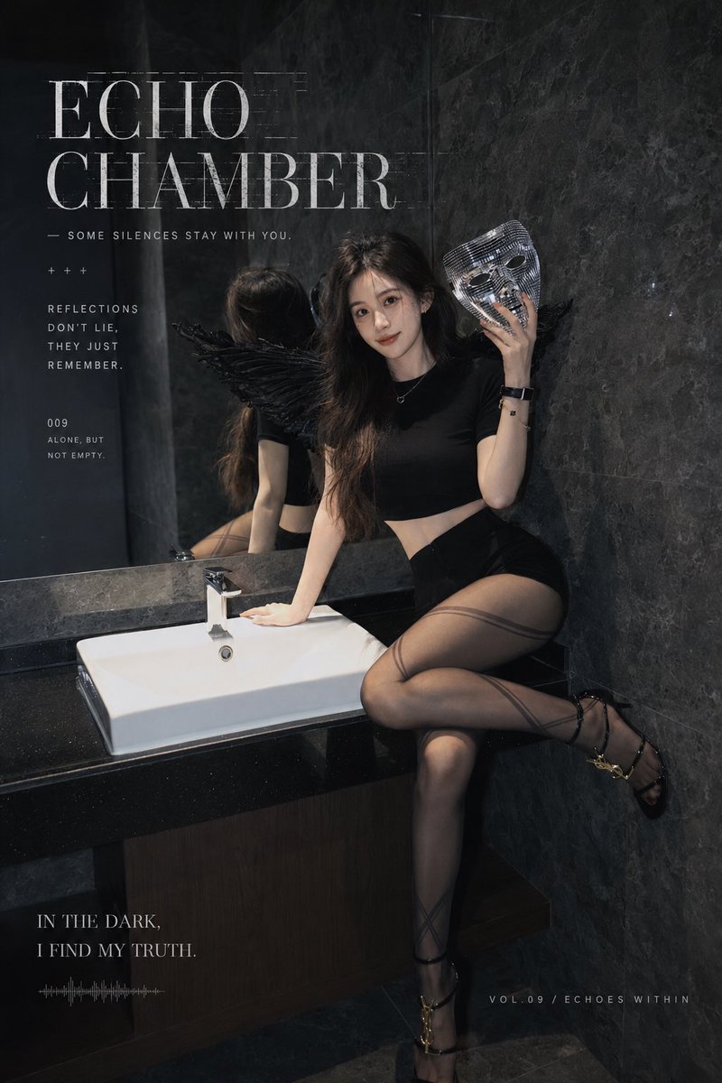 暗黑哥特风时尚杂志写真，成年亚洲女性模特，清冷甜美五官，长卷发，黑色短袖修身露腰上衣，高腰黑色短裙/短裤，半透明灰黑色纹理丝袜，黑色细带高跟鞋…