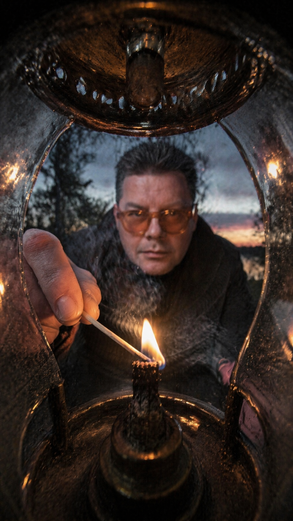 This [image1]in a camper lighting a lantern in the woods at dusk, viewe…