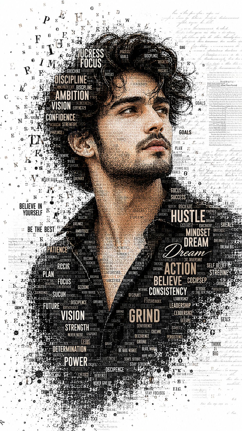 A striking typographic portrait of a young woman with a thoughtful, thr… 1