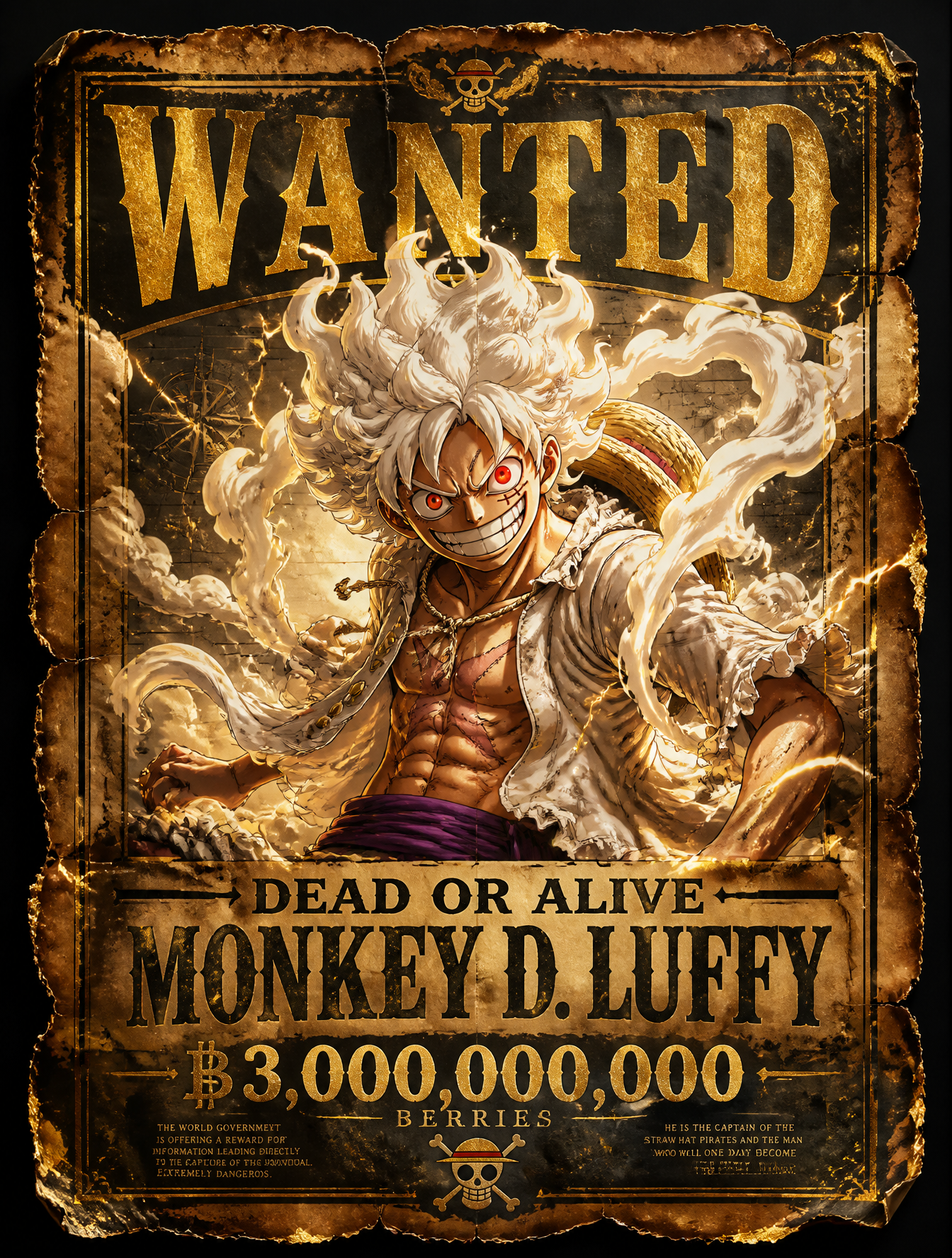 Legendary pirate wanted poster featuring Monkey D. Luffy in Gear 5 form…
