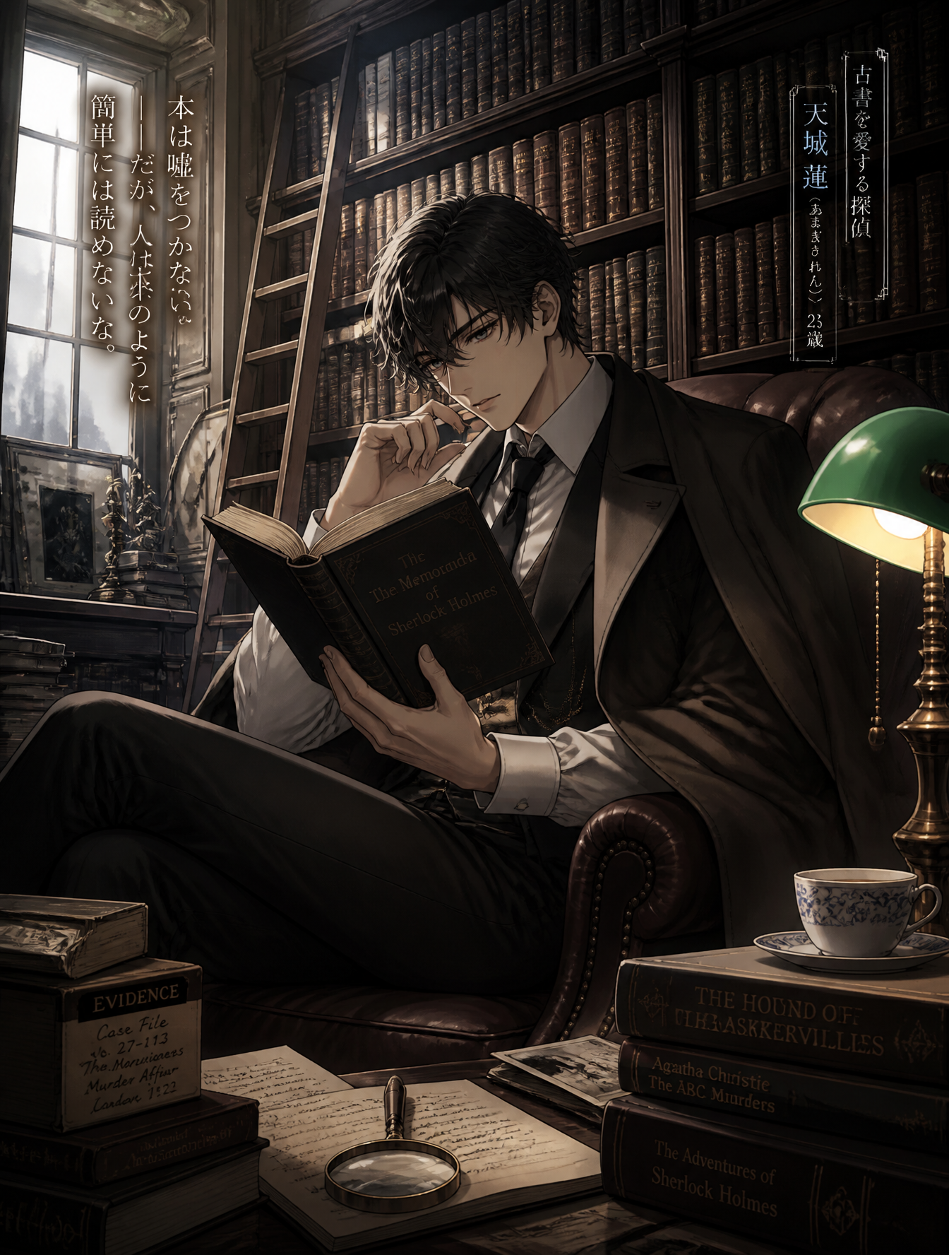 light novel illustration for a detective novel. The illustration should…