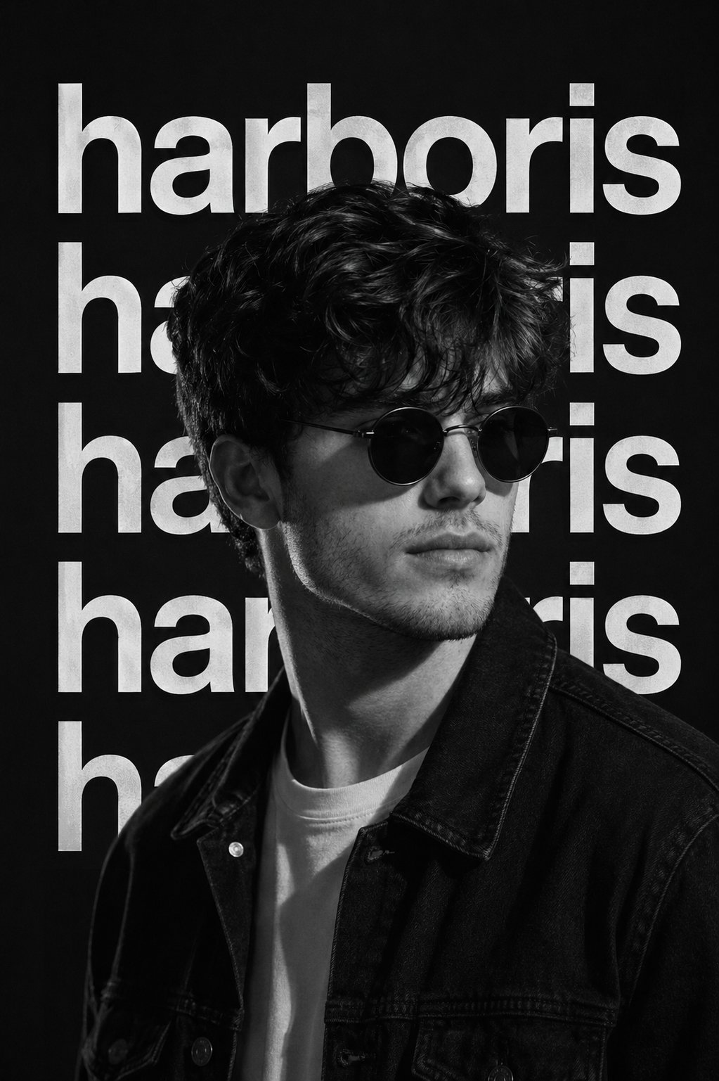 Ultra-realistic black & white cinematic portrait, stylish man in round …