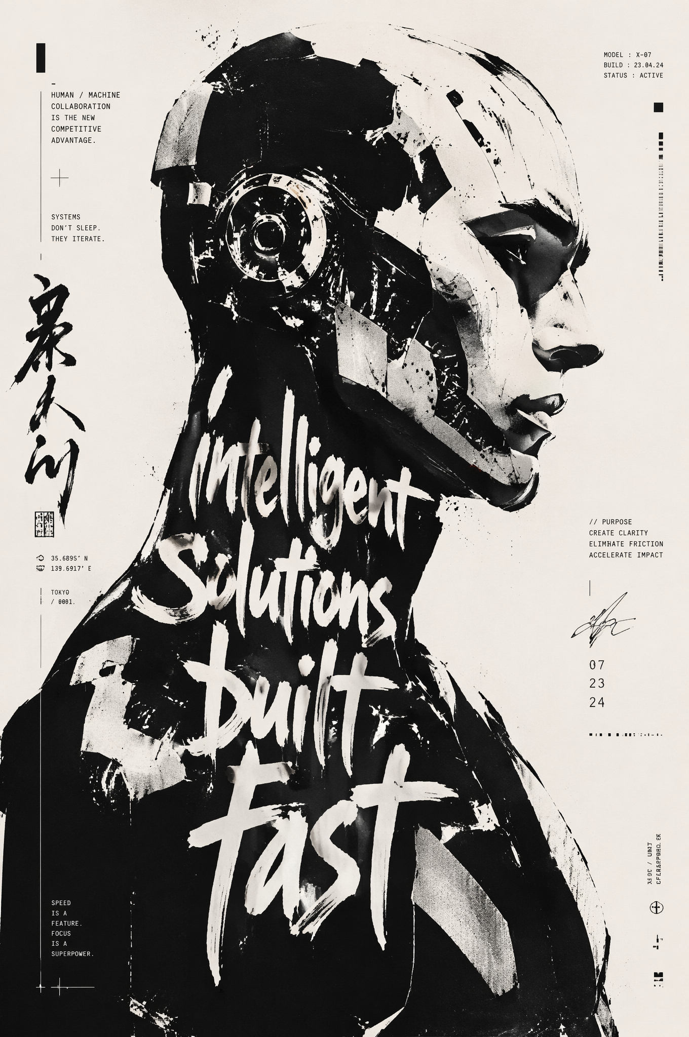 High-contrast black and white typographic portrait poster of [Humanoid …