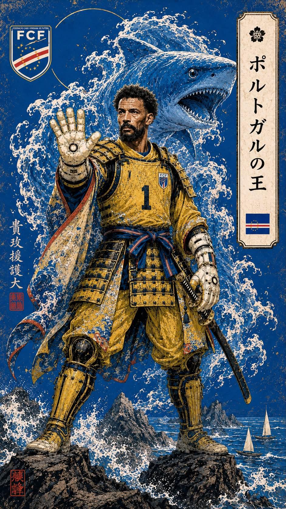 Epic Japanese ukiyo-e inspired sports poster featuring a legendary foot…