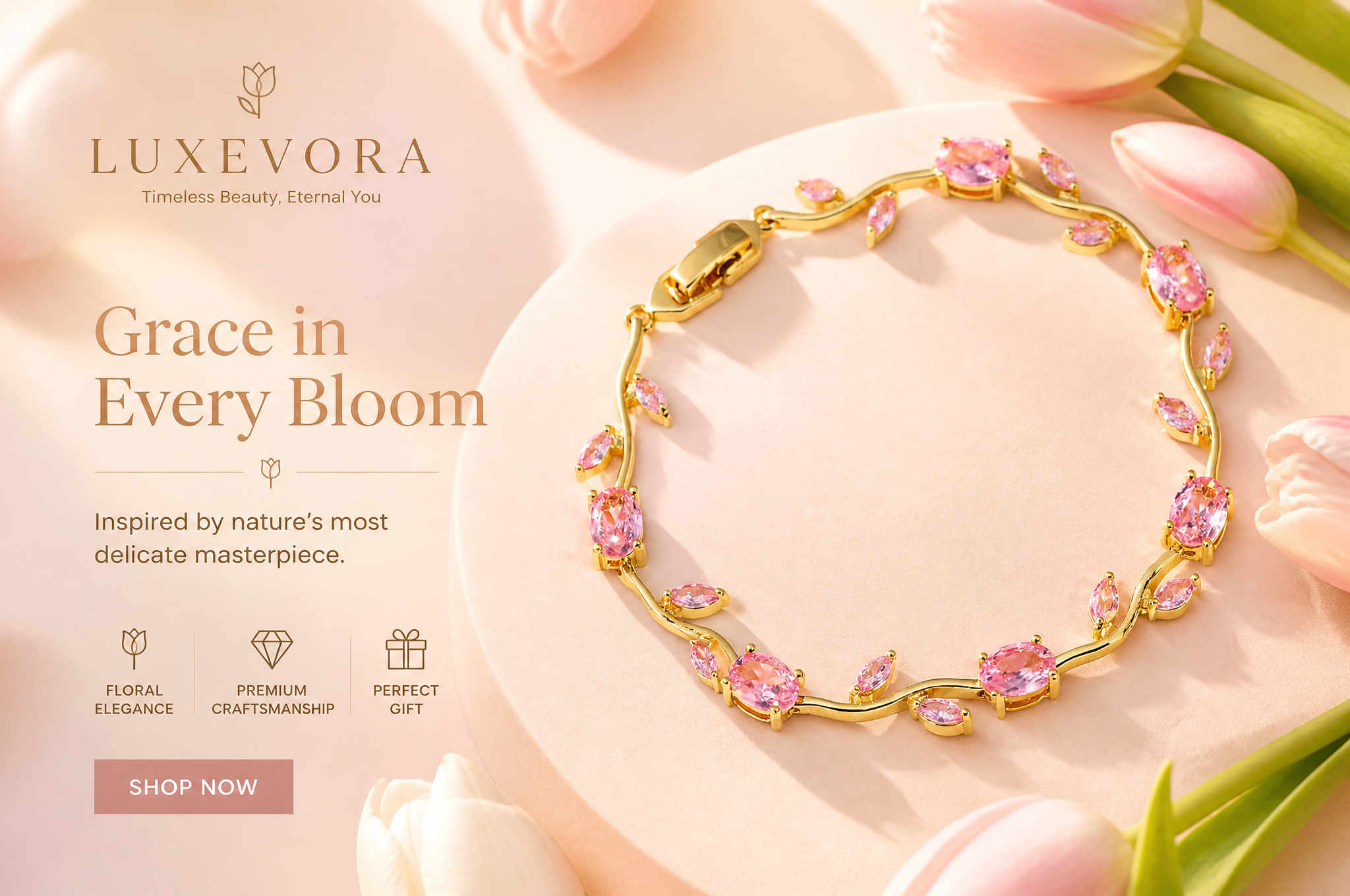 Luxury tulip bracelet advertisement, delicate tulip-inspired bracelet p…