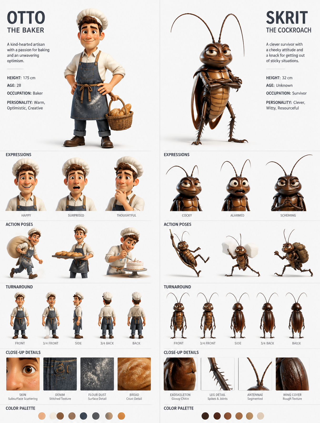 A professional 3D character design sheet displays two distinct protagon…