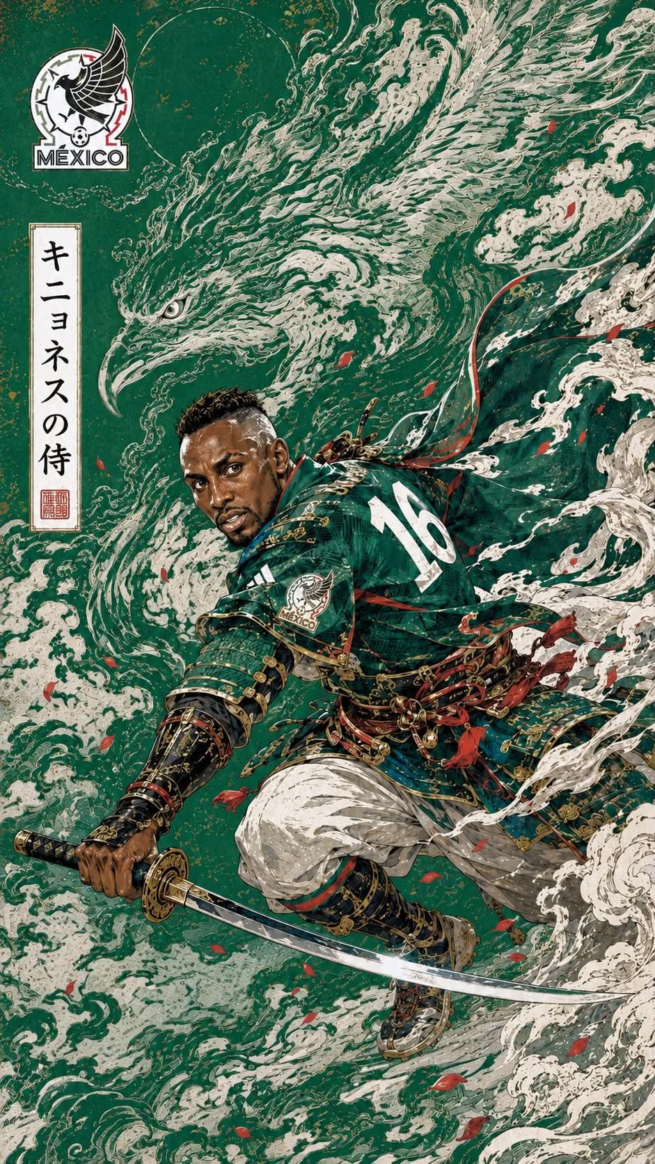 Epic Japanese ukiyo-e inspired sports poster featuring a legendary foot… 2