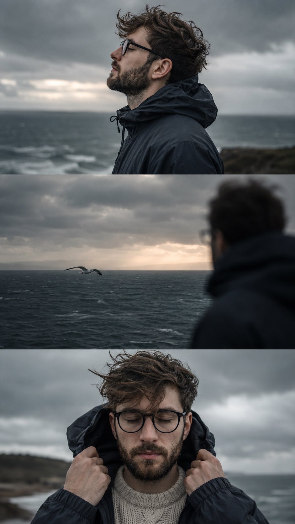 Create a 3-panel vertical collage using the uploaded man's face as refe…