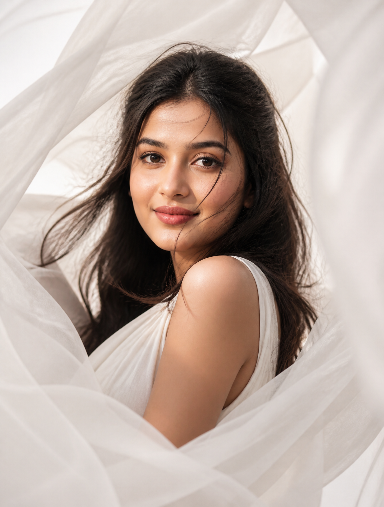 Ultra realistic fashion portrait of a beautiful woman surrounded by flo…