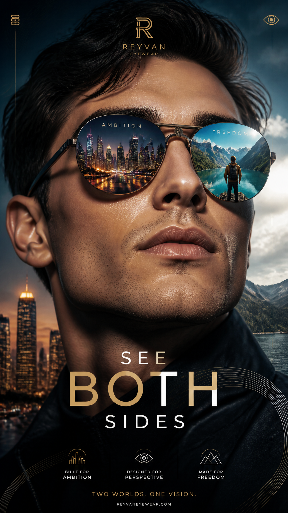A premium 9:16 eyewear advertising poster.Main Subject: A confident you…