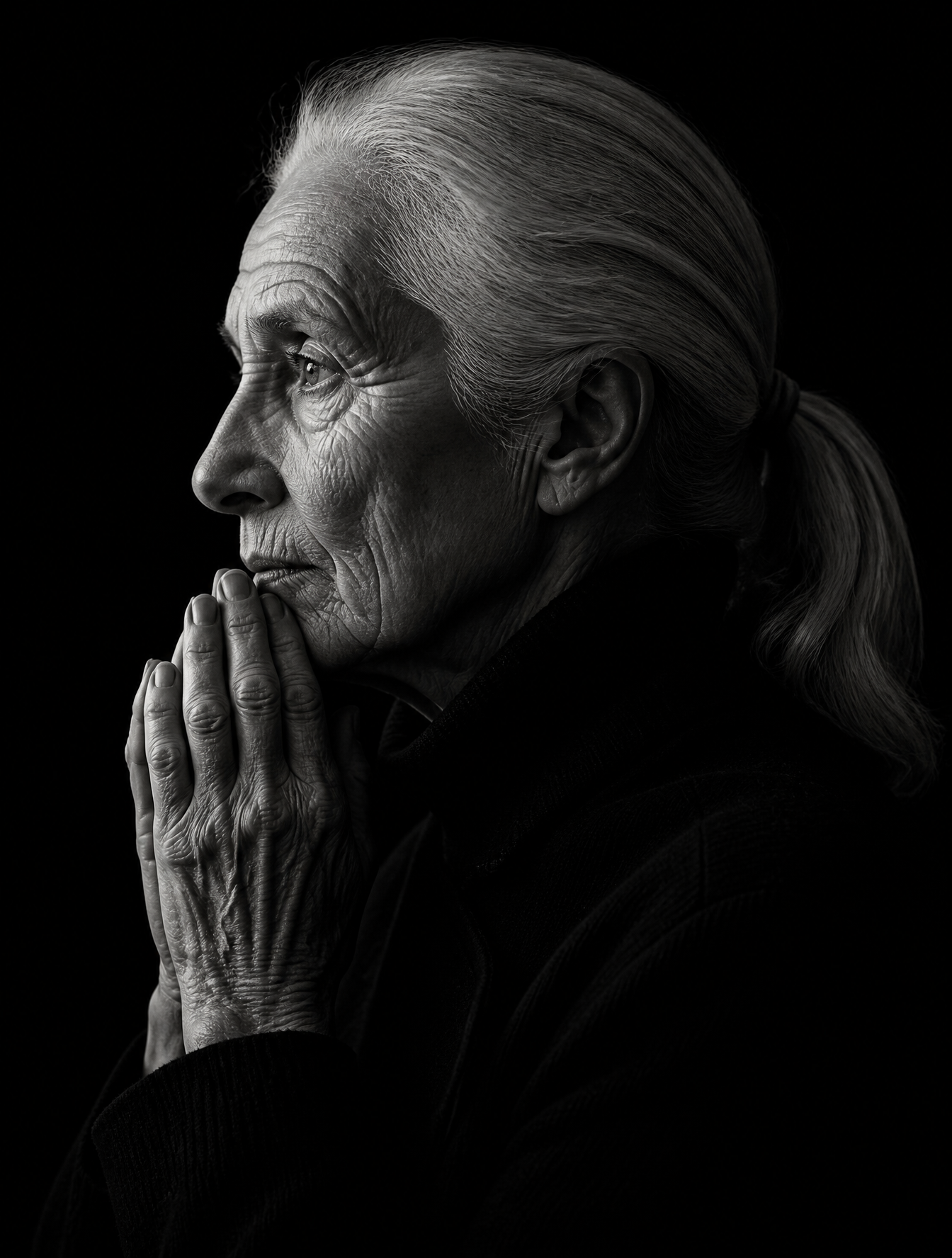 Create a dramatic black-and-white fine-art studio portrait of an elderl…