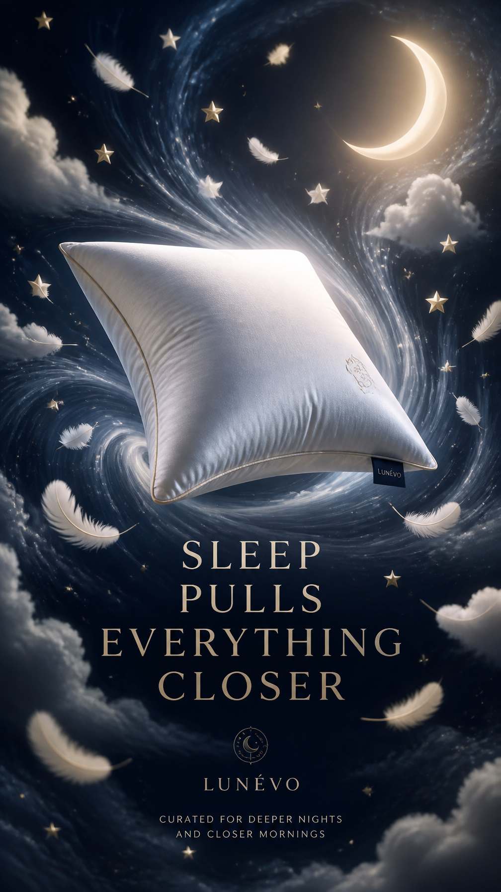 A premium 9:16 bedding advertising poster.Main Subject:A luxury pillow …
