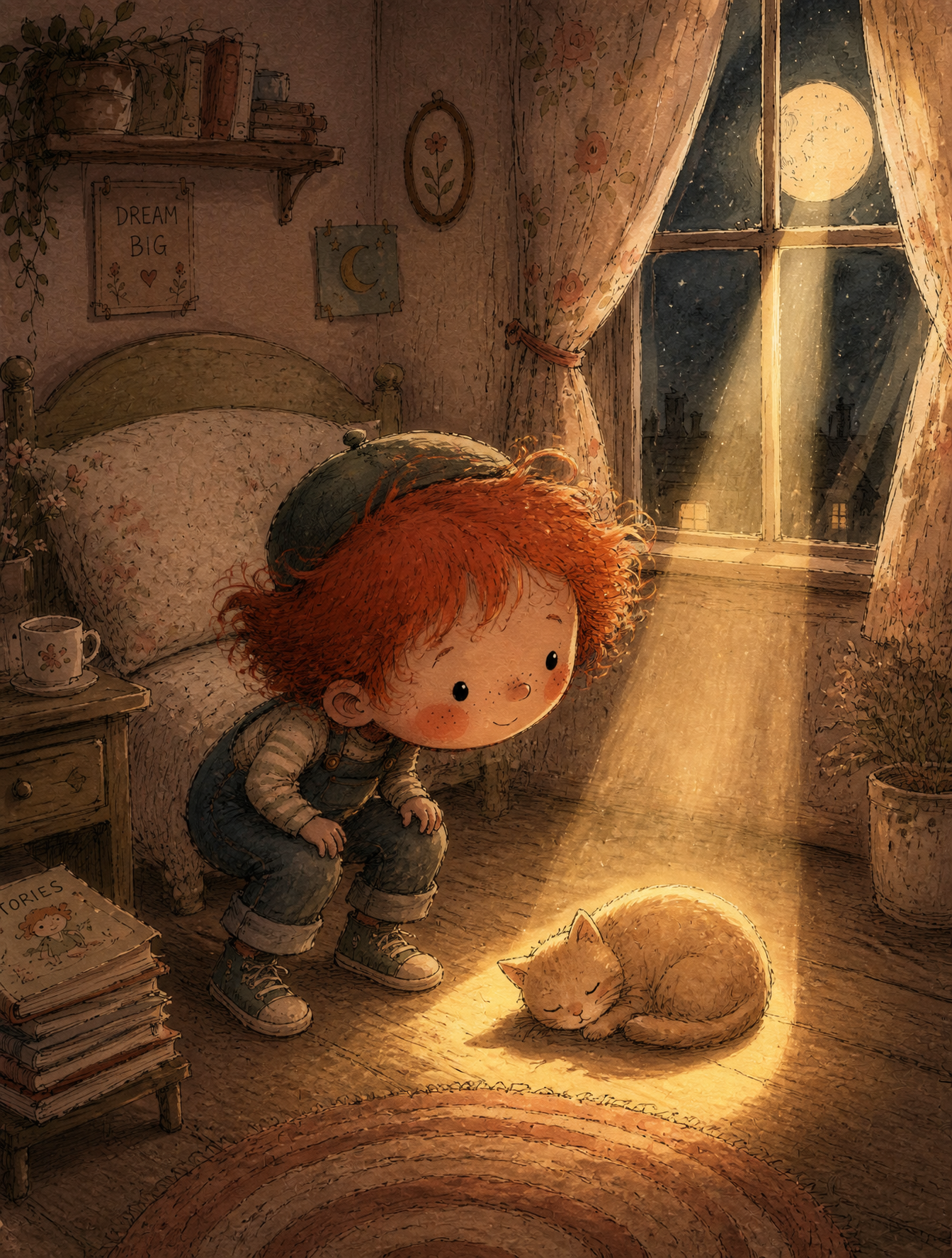 A young boy with wild red hair, freckles, rosy round cheeks, wearing de…