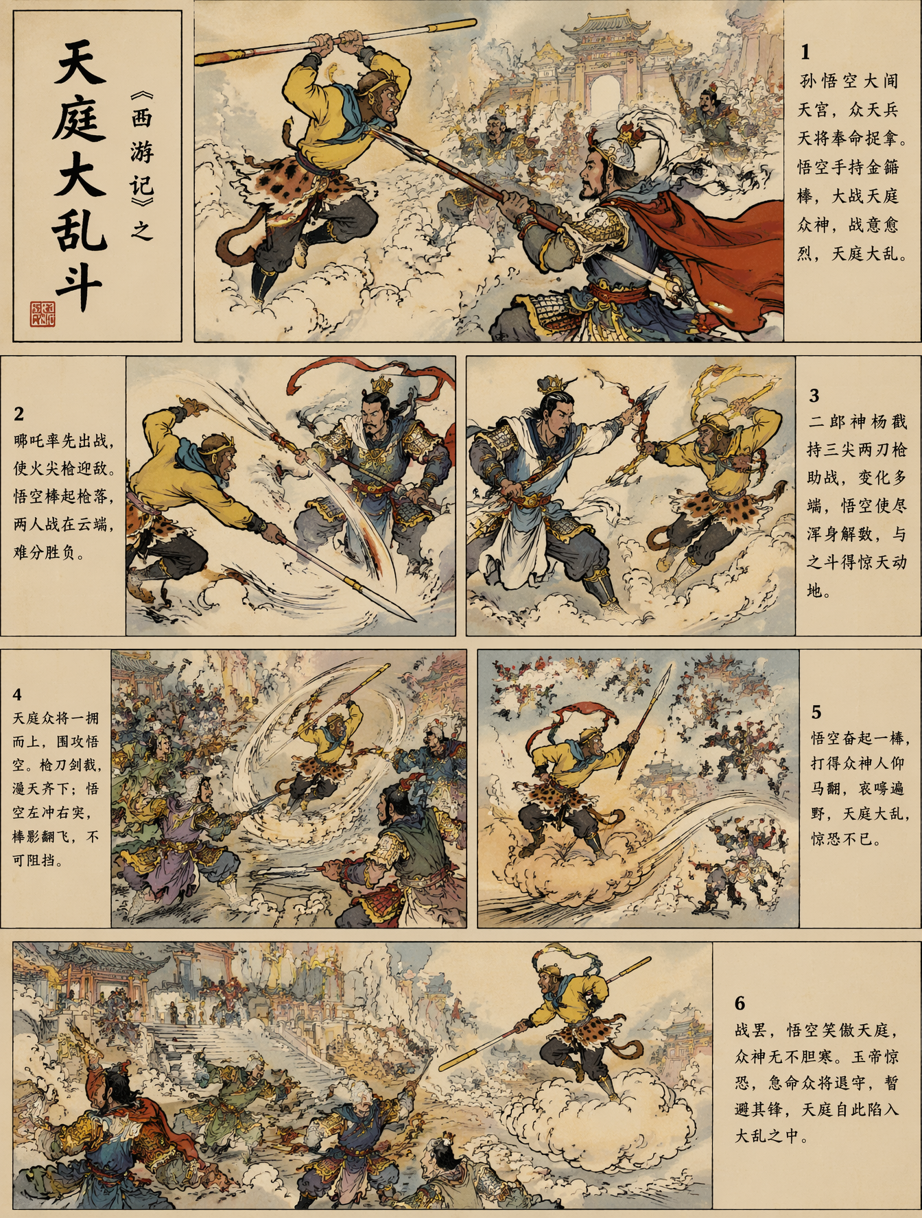请以传统中国连环画/小人书的风格绘制《西游记》中的“天庭大乱斗”。运用经典的墨线技法，以黑色勾勒轮廓并采用传统着色，描绘孙悟空与天庭大侠激战的…