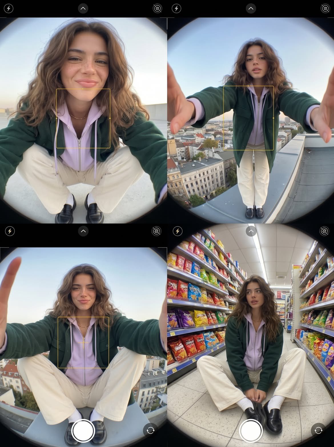 Fashion diary composed of three exaggerated fisheye smartphone photos. …