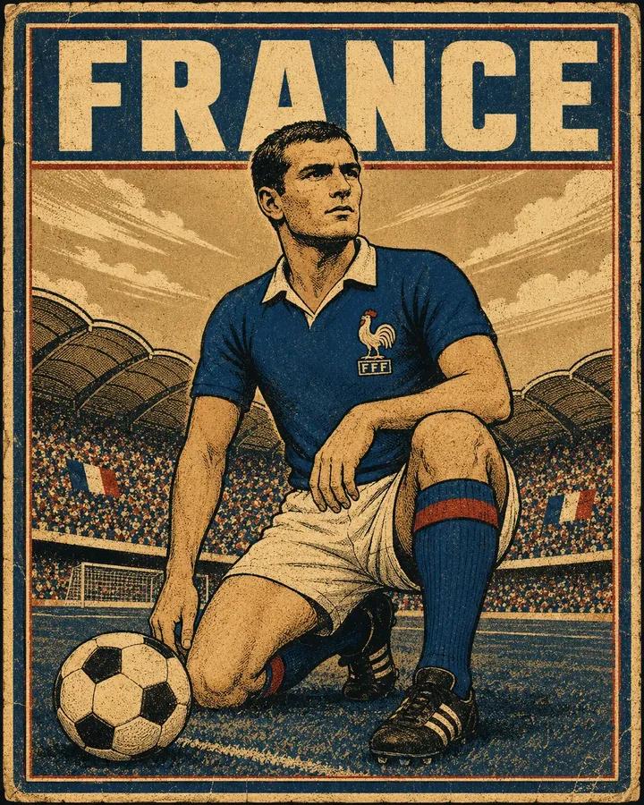 A vintage-style screen-printed national football poster in a retro prop… 1