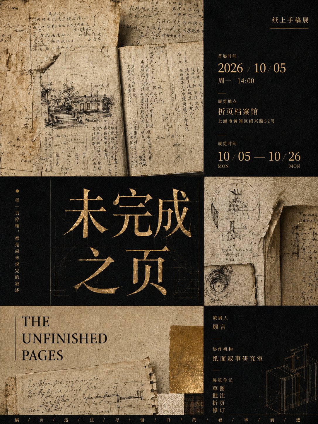 【主题】几何拼贴式策展海报 【中文主标题】自定义 【英文副标题】自定义 【视觉关键词】几何分区 / 艺术图像模块 / 展讯信息 / 深色纸张 … 3