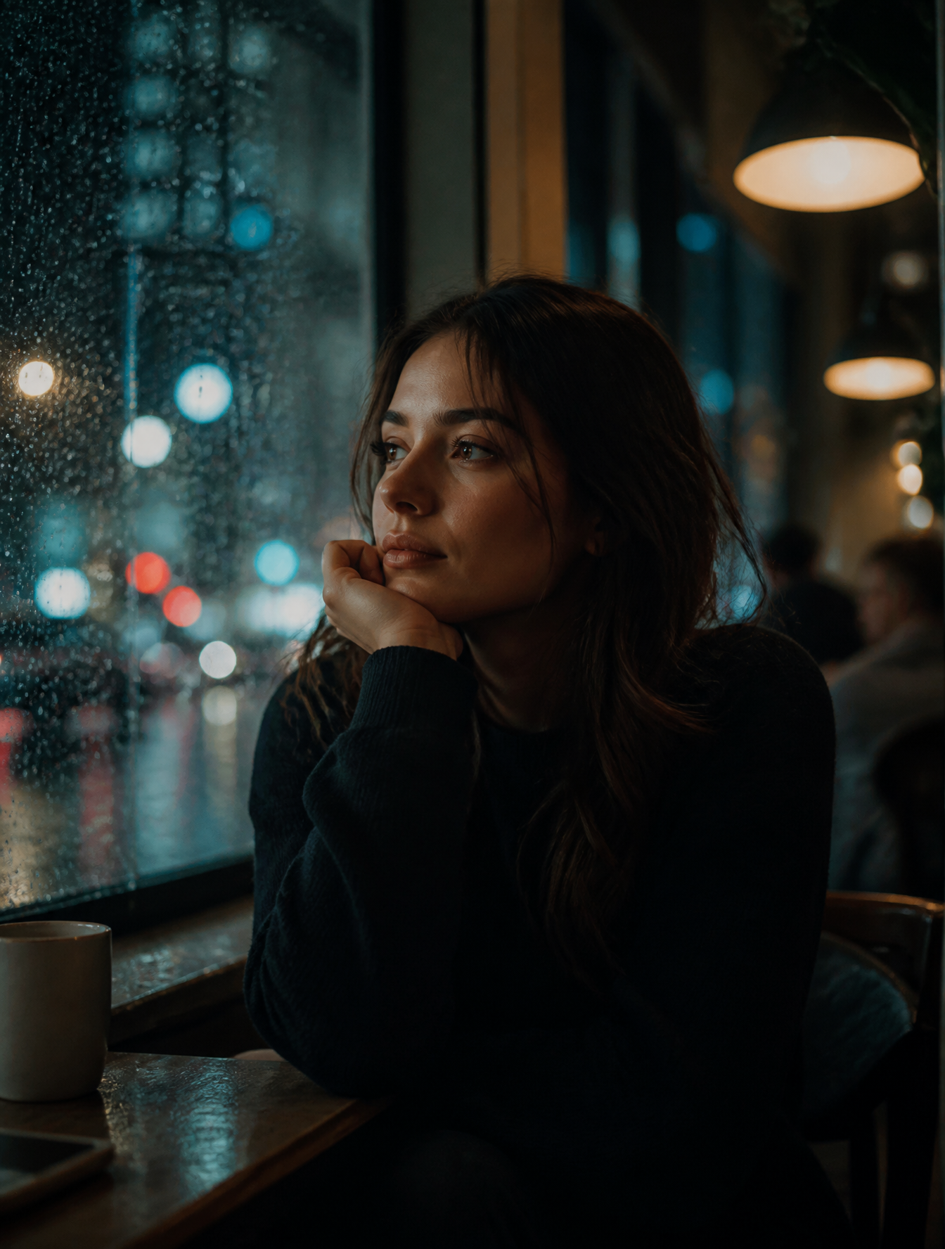 Ultra-realistic cinematic portrait of a person sitting beside a rainy w…