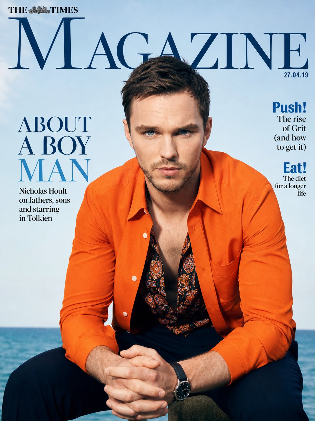 A photorealistic magazine cover portrait of Nicholas Hoult sitting outd…