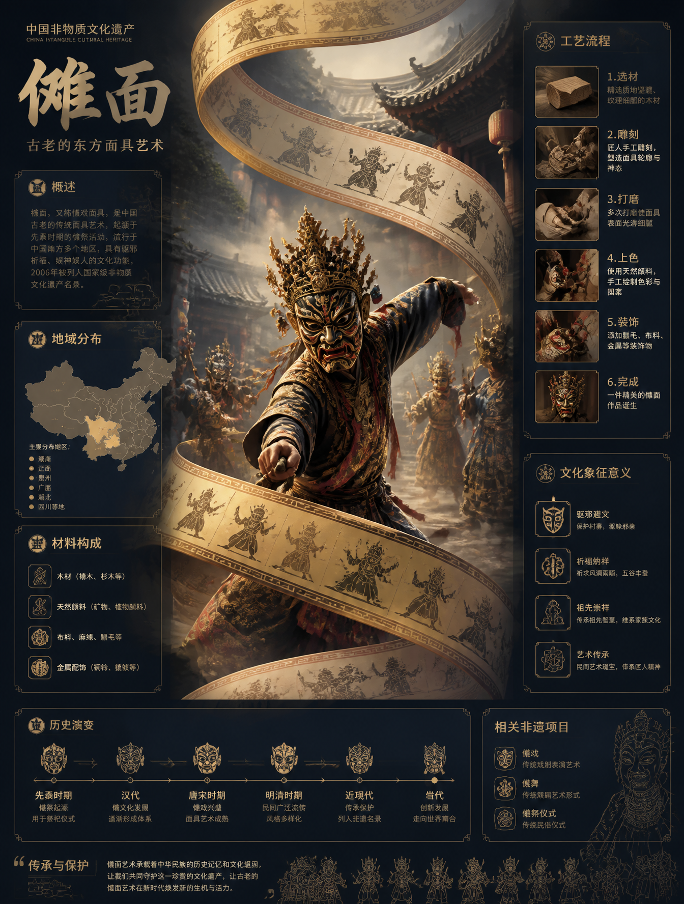 中国非物质文化遗产信息图海报，竖版3:4构图画面中心:展示傩面的核心场景(工艺制作/表演/人物操作)，具有强叙事感视觉主结构:一条巨大的丝带/…