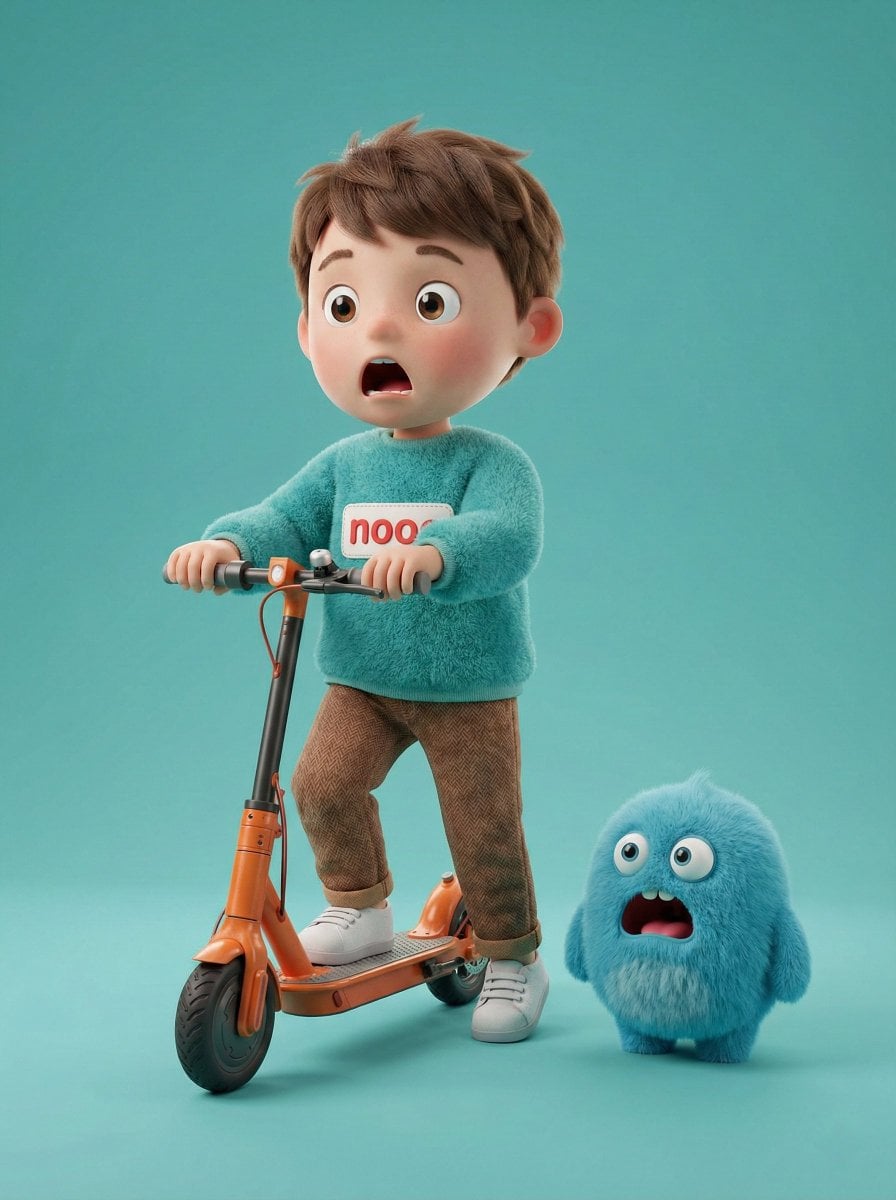 A high-quality 3D render of a cute young boy riding an orange electric …