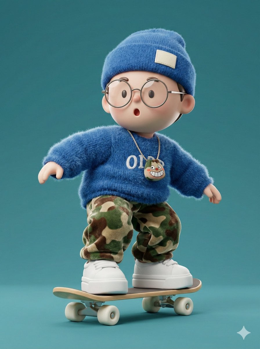A high-fidelity 3D character render of a cute, stylized boy skateboardi…