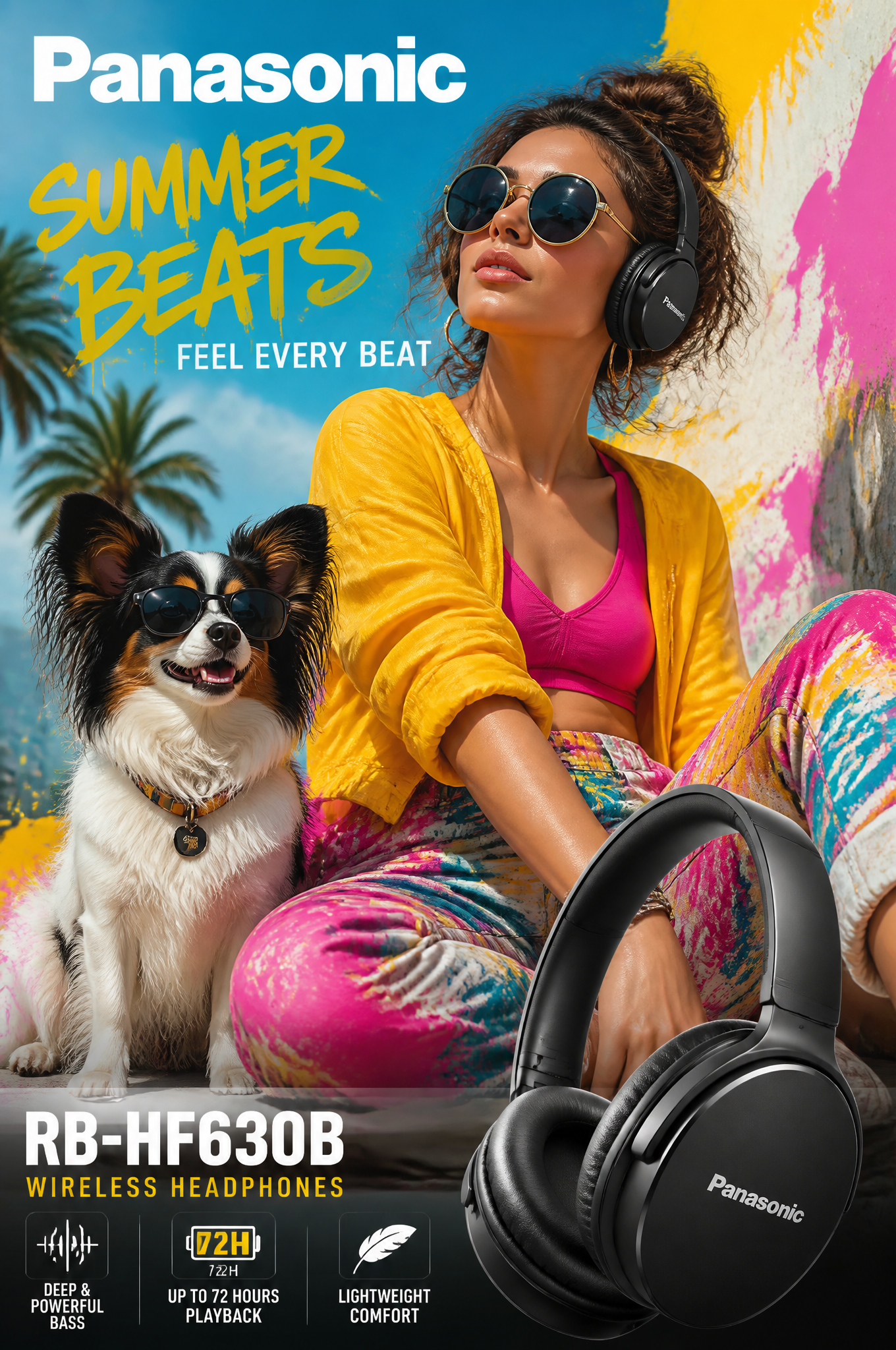 Premium Panasonic summer advertising poster, wireless headphones RB-HF6…