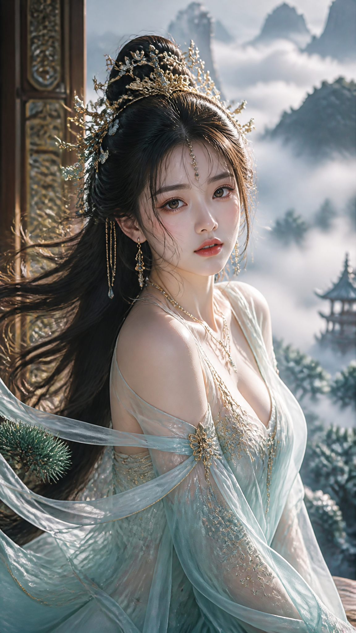 8K超高清，极致写实真人质感，电影级光影，一位绝代风华的古风东方女子，身姿窈窕优雅，五官精致绝伦，眉眼温婉又自带清冷氛围感，发丝轻盈随风肆意飘…