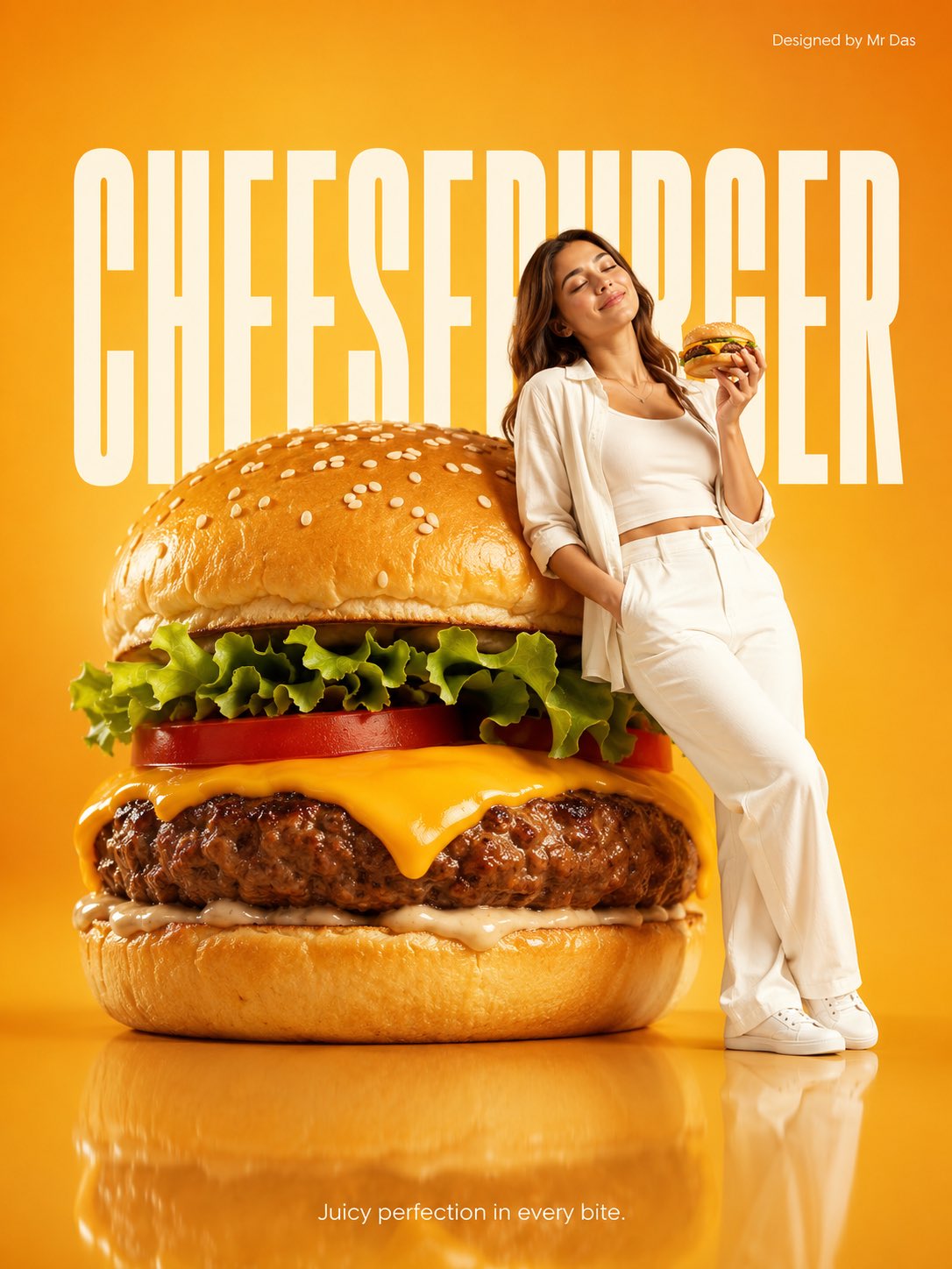 Minimalist commercial ad featuring oversized premium cheeseburger with …